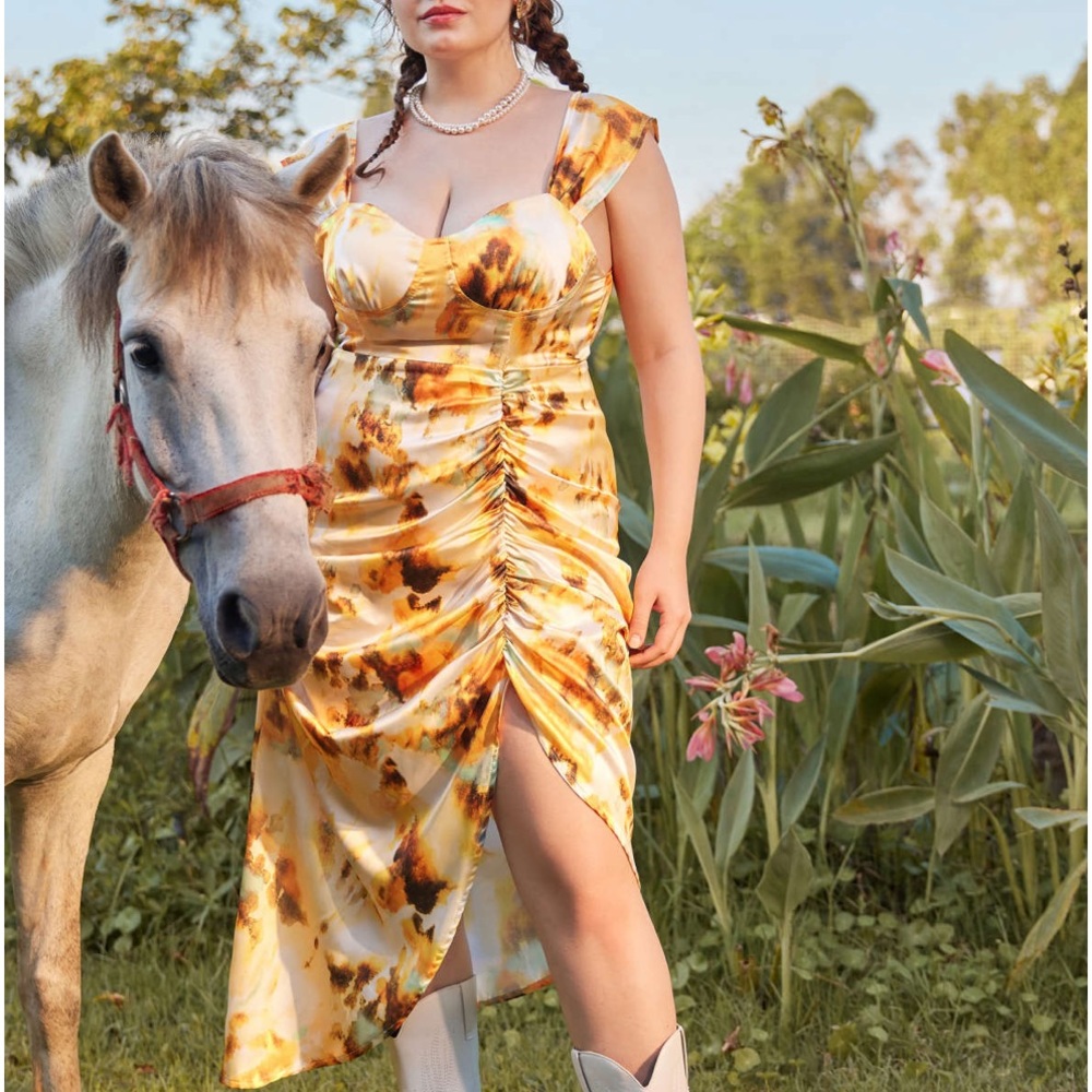CIDER Illusion Tie Dye Ruched Midi Dress